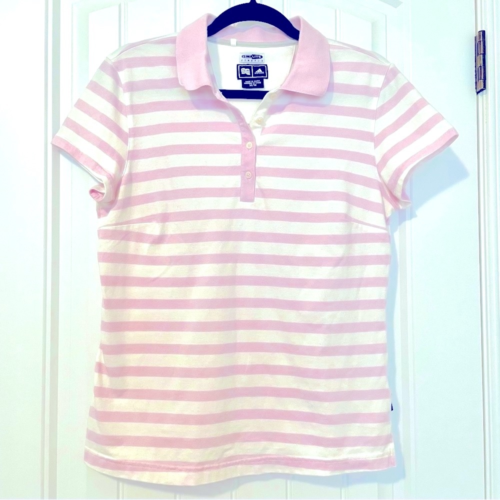 Adidas Climalite Stretch Striped Pink and White Golf Shirt Size Medium